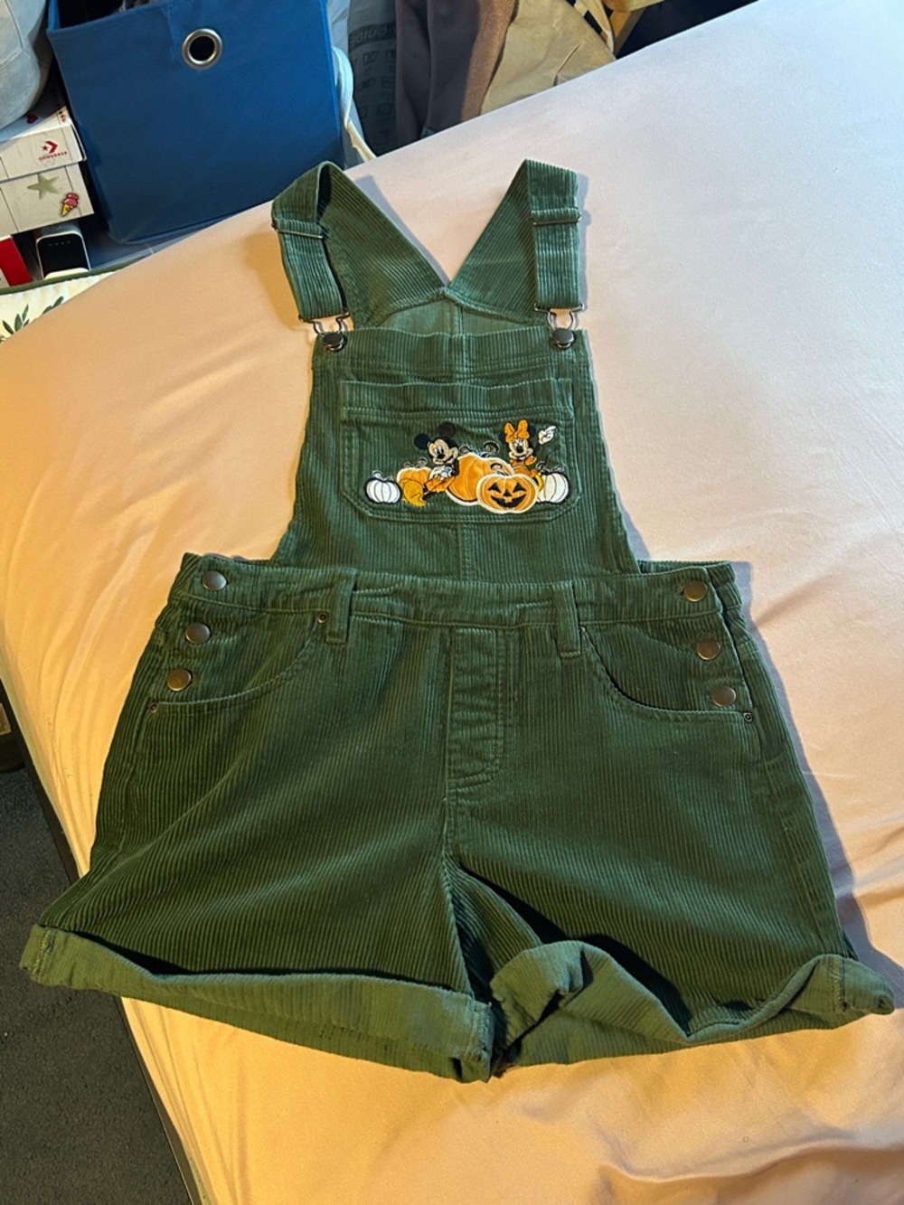 Green Corduroy Short Overalls with Disney Halloween Embroidery
